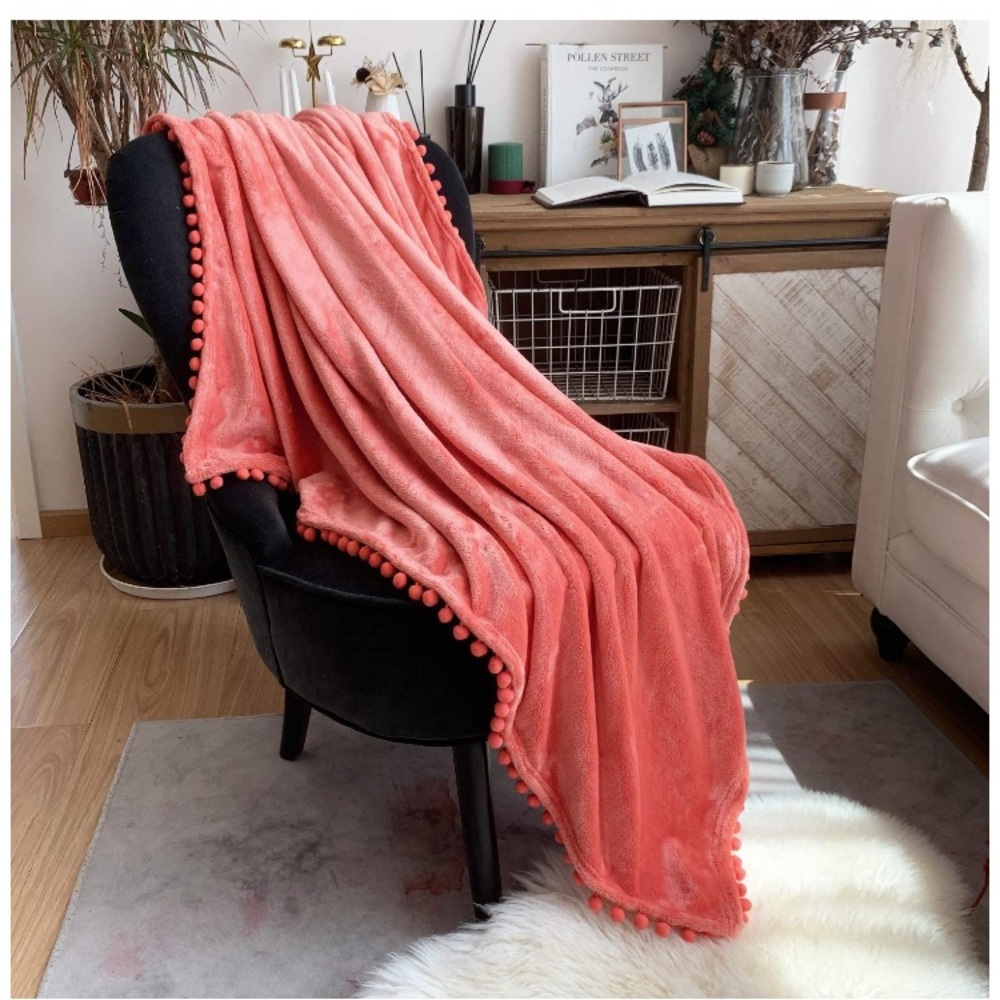 Navy Blue Pompom Fringe Chic Cozy Soft Throw Blanket/Cover - Picture 11 of 16